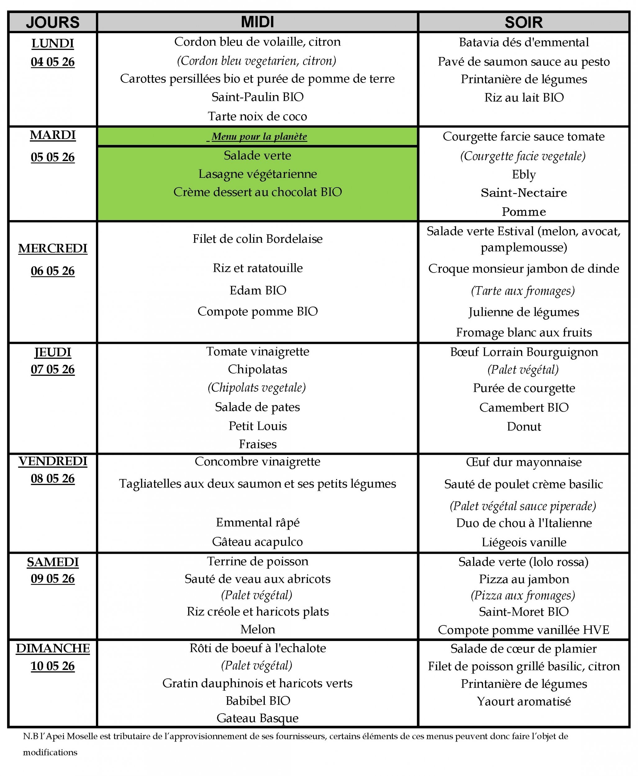 Menu du 2 au 8 février 2026