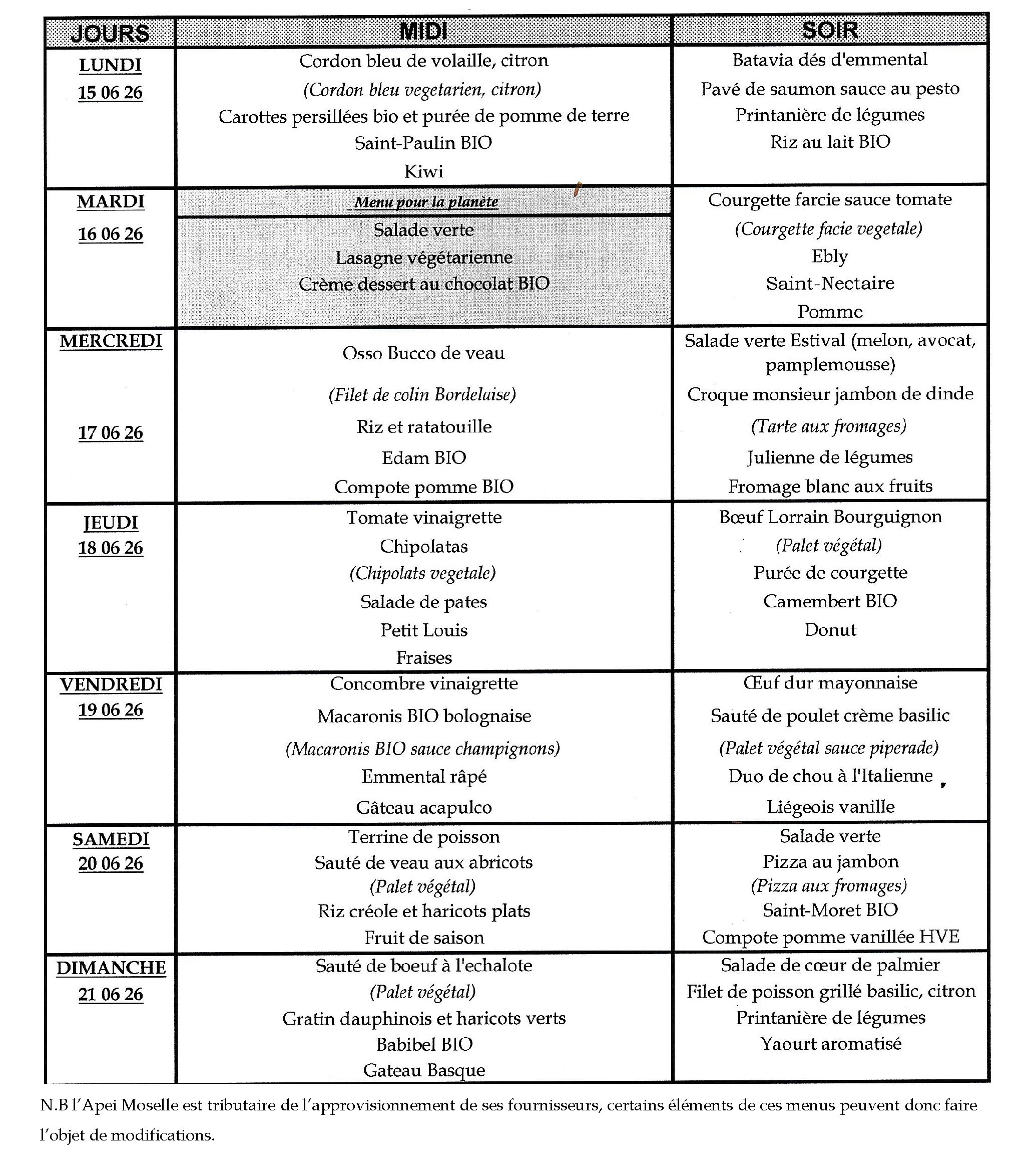 Menu du 2 au 8 février 2026