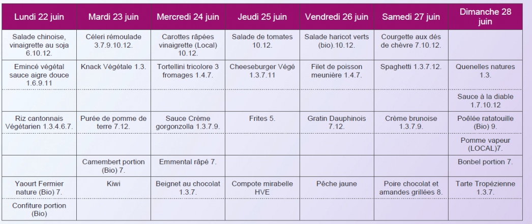 Menu sans viandes déjeuner